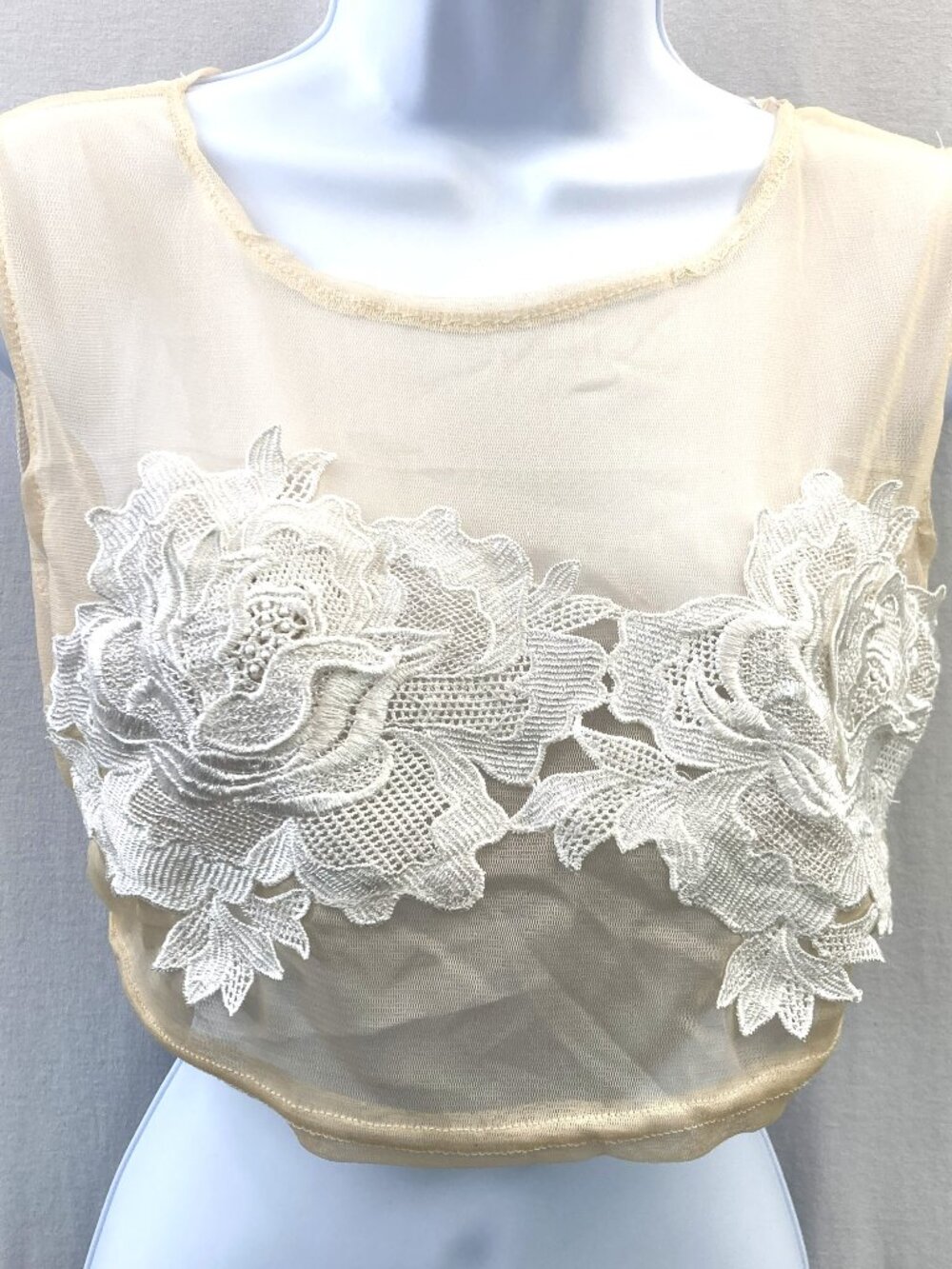 White Floral Sheer Mesh Crop Top - Size S